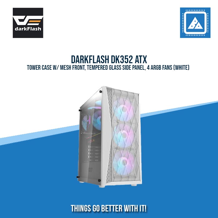 DARKFLASH DK352 ATX TOWER CASE W/ MESH FRONT, TEMPERED GLASS SIDE PANEL, 4 ARGB FANS (WHITE) DARKFLASH DK352 ATX TOWER CASE W/ MESH FRONT, TEMPERED GLASS SIDE PANEL, 4 ARGB FANS (WHITE)